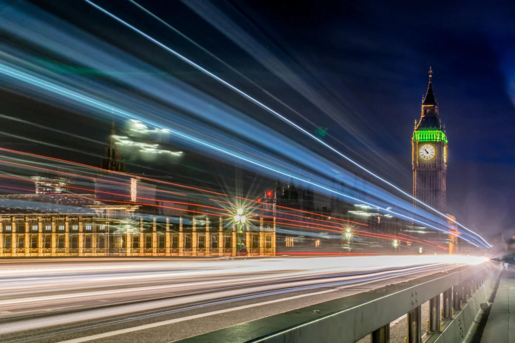 UK Parliament building at night